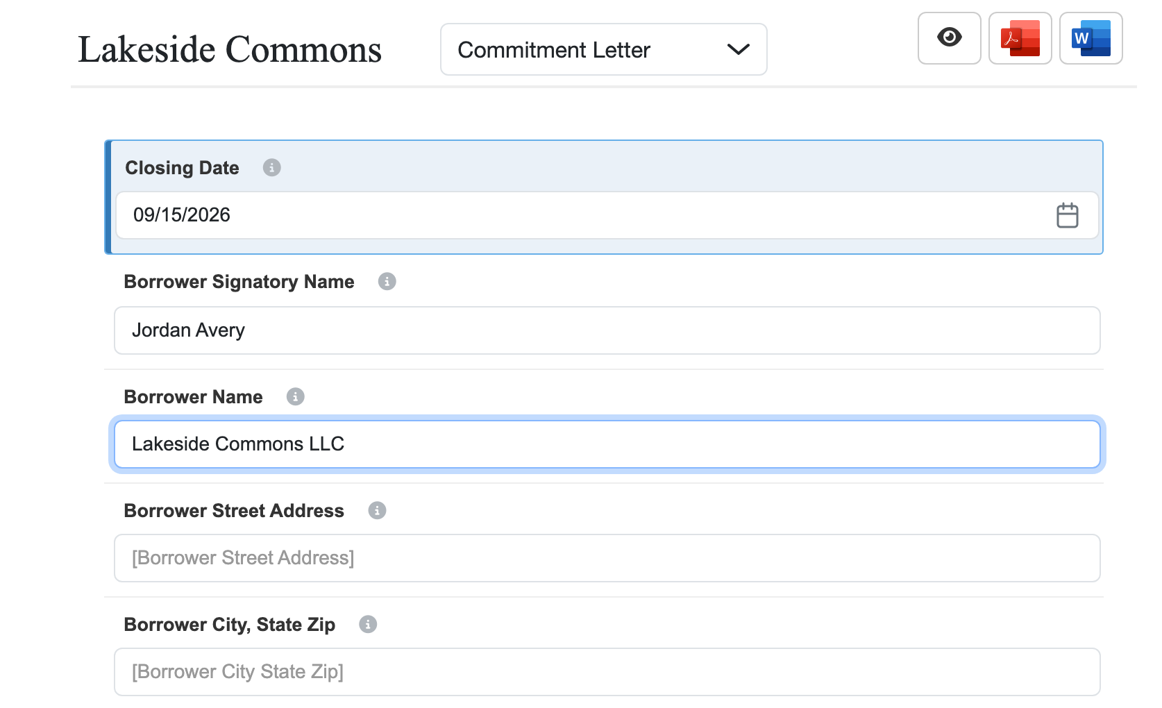 Celant guided interview for a commitment letter — borrower details answered once, populated everywhere