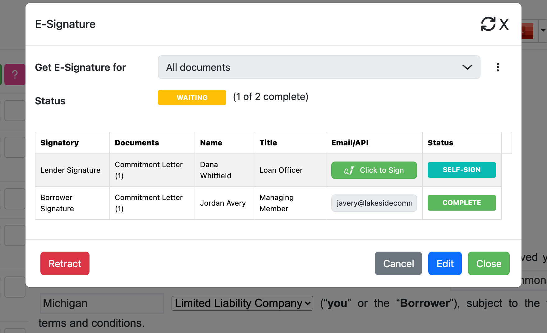 The Celant e-signature modal — signature blocks already mapped to each signer, with self-sign for internal users and per-signer signing status
